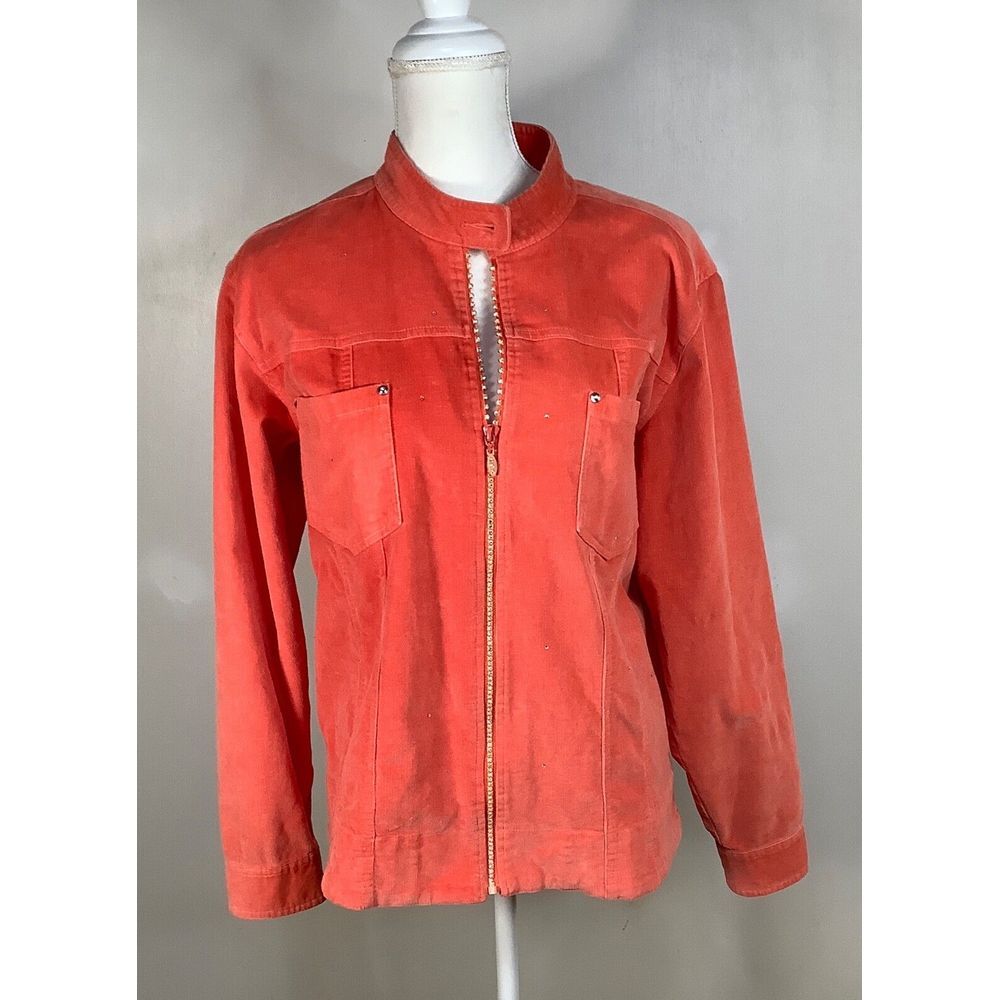 Quacker Factory Jacket Size M‎ Orange Coral Corduroy Rhinestone  Stretch Womans